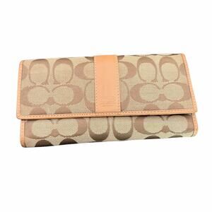 Coach Signature Canvas Tan Leather Trifold Wallet Khaki Beige